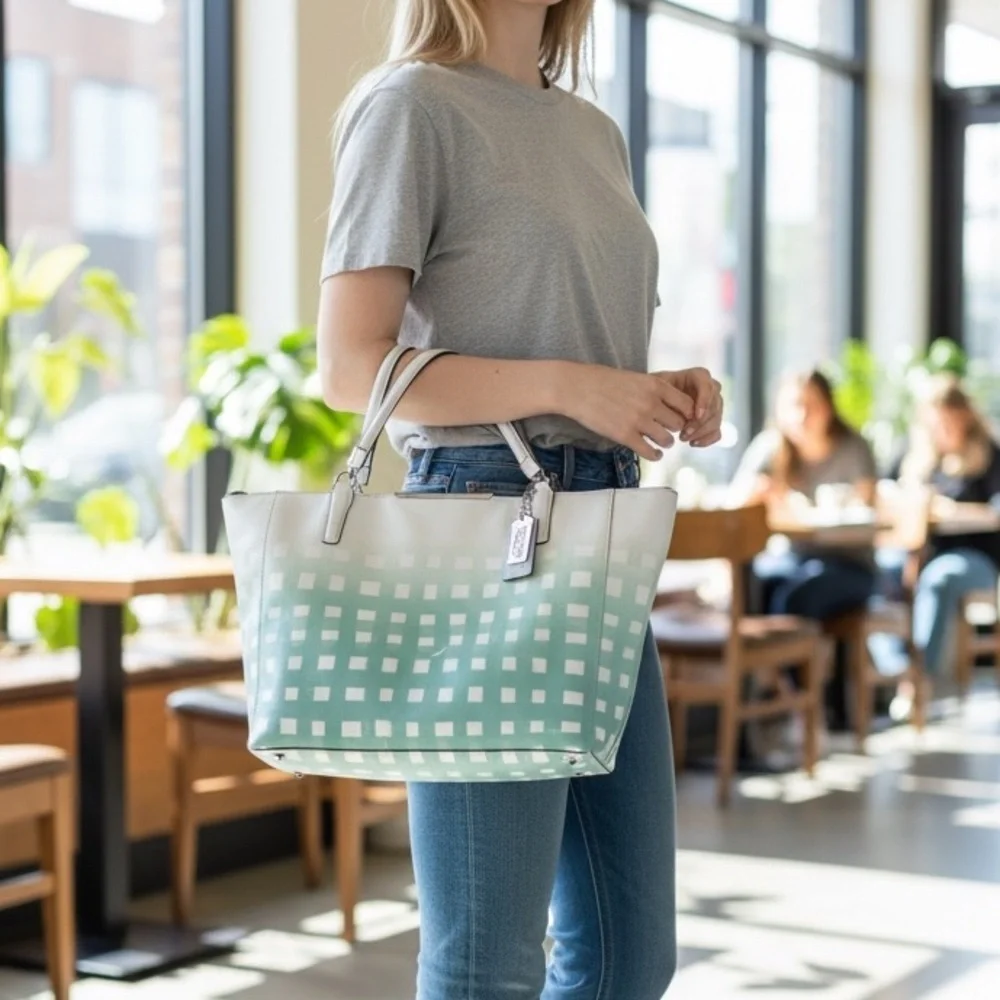 Coach Madison East/West Tote in Gingham Saffiano Leather